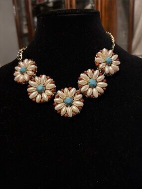 Pearl, Turquoise & Coral Daisy Colored Statement Necklace